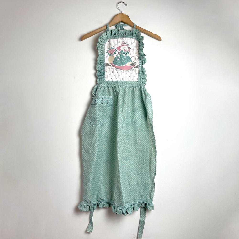 Vintage Cat Cottagecore Floral Ruffle Apron Teal Green Calico 80s Grandmacore